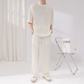 Pleated Sets Men Fashion Blue/Black/Beige Casual Ice Silk Sets Men Korean Loose Short Sleeve T-Shirt/Trousers Two Piece Men's voguable
