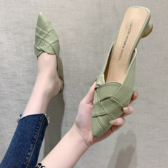 Shoes Woman Shallow Slippers Summer Female Mule Loafers Pantofle Cover Toe Luxury Slides Square heel Low Mules New Pointed voguable