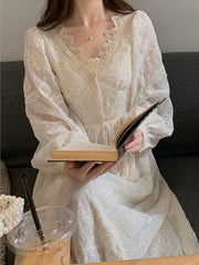 Elegant Casual Autumn Midi Women Dress Lace Long Sleeve Embroidered Vintage Slim A-Line Party Vestidos Femme Clothes Robe voguable