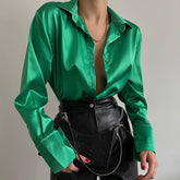 Elegant Satin Long Sleeve Blouses Women Vintage Blue Green Silk Shirt Women Casual Loose Button Up Female Shirts Tops voguable