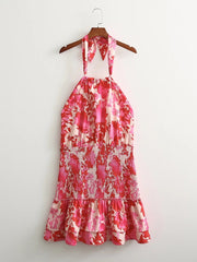 Sexy Red Floral Print Backless Summer Women Boho Mini Dress Bodycon Sleeveless Beach Lace Up Bowknot Dropshipping Dress Sundress voguable