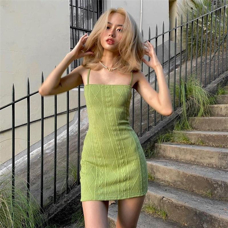 Women Fashion Elegant Streetwear Strap Mini Dress Summer New Solid Green Knit Stretch Slim Office Lady Dresses voguable