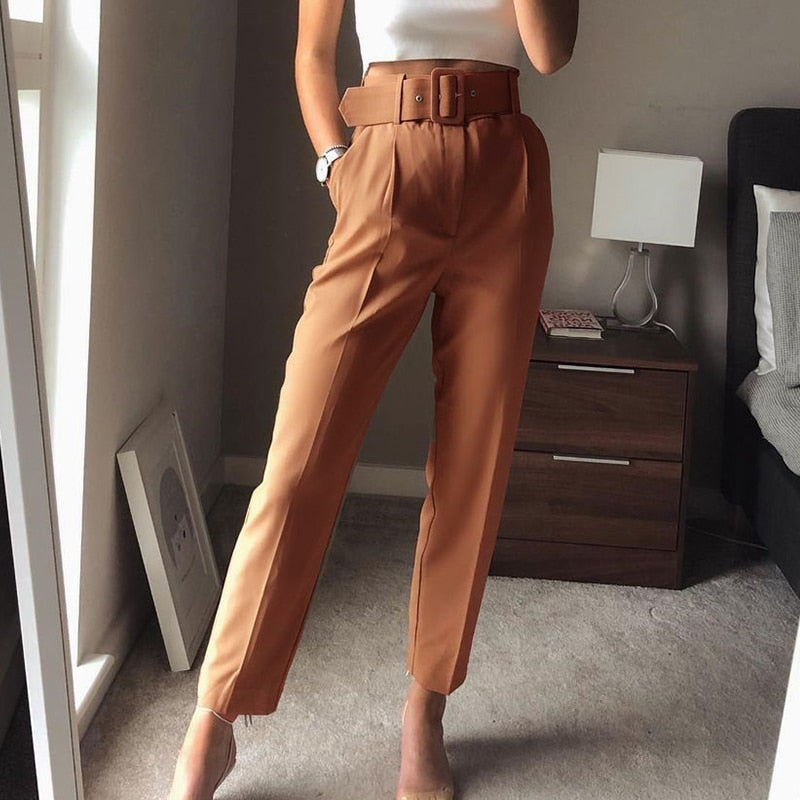 Voguable Traf Woman 2022 White Career Pant Office Lady Straight Pants Belt Casual Ankle Length Women Trousers Oem Female Suit Set voguable