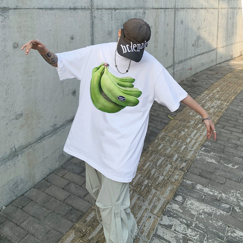 Banana Print Korean Chic Y2k Short Sleeve T-shirt Men Women Couples Large Loose Casual Tops All-match Slim Fit Summer New Tees voguable