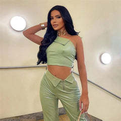 Elegant PU Faux Leather Solid Two Piece Set Women Skew Collar Skinny Croped Tops+ Zipper High Waist Flare Pants Female Suit voguable