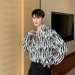 Zebra Striped Shirts Men Long Sleeve Streetwear Casual Baggy Camisa Temper Ins Japanese Harajuku Hip Hop Personality Korean Cozy voguable