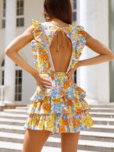 Dresses For Women Round Neck Sleeveless Lace Trim Ruffle Floral Print Mini Dress With Belt Sexy Backless Beach Summer Dress voguable