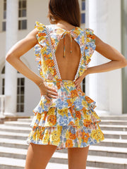 Dresses For Women Round Neck Sleeveless Lace Trim Ruffle Floral Print Mini Dress With Belt Sexy Backless Beach Summer Dress voguable