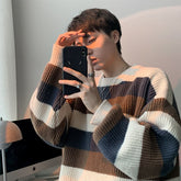 Voguable Korean Fashion High Quality Patchwork Striped Sweater Round Neck Vintage Pullover Men Winter Casual Loose Oversized Mens Sweater voguable