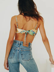 Summer Clothes For Women Tops Spaghetti Strap Vintage Patchwork Print Satin Camis Streetwear Open Back Tie Sexy Crop Top voguable