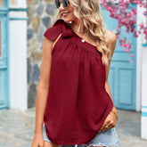 Skew Collar Lace up Bow Women Blouses and Tops Summer Chic One Shoulder Shirt Women Solid Loose Pullover Blouse Blusa voguable
