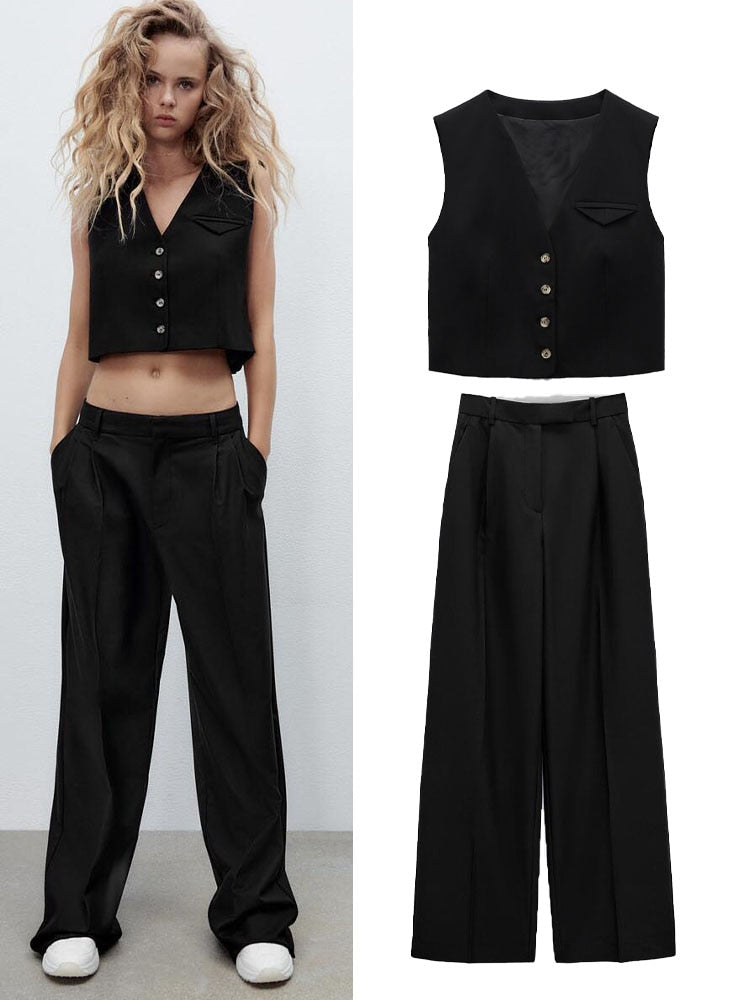 Voguable  spring new women's clothing Versatile casual V-neck sleeveless strappy vest and high-waisted suit wide-leg pants voguable