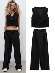 Voguable  spring new women's clothing Versatile casual V-neck sleeveless strappy vest and high-waisted suit wide-leg pants voguable