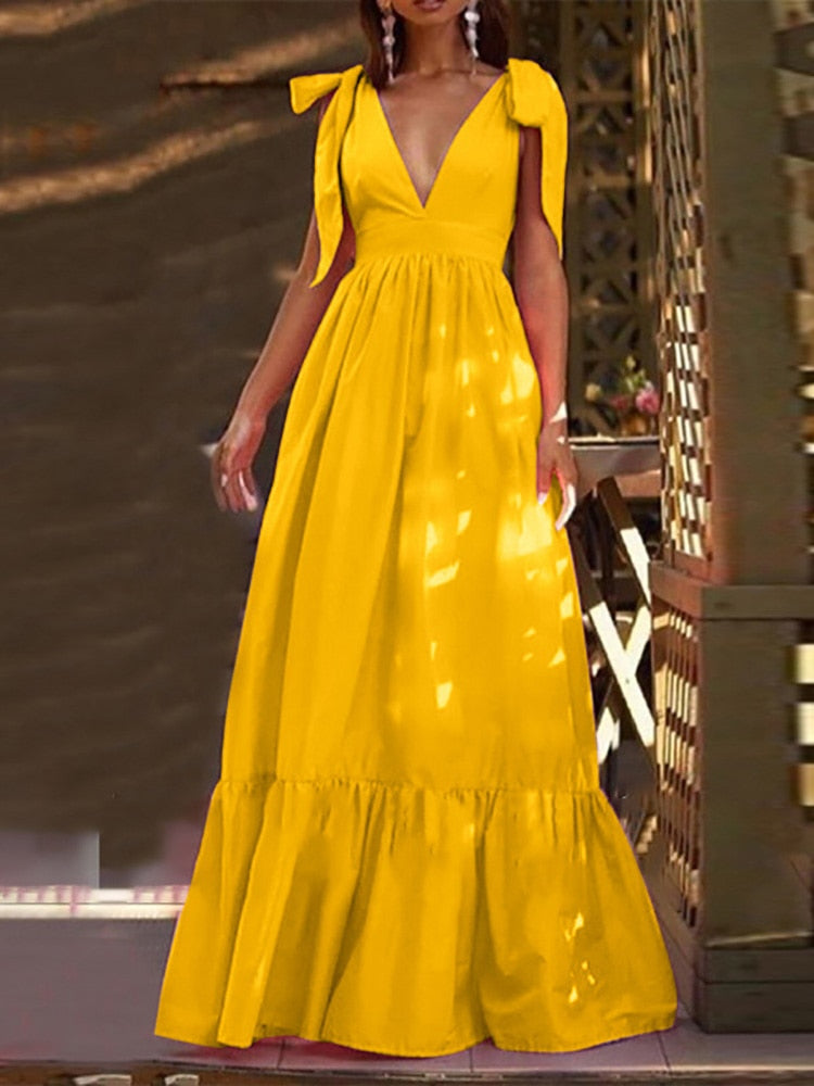Sexy Summer Women V-Neck Sling Backless Dress Elegant Hollow Out BowKnot Long Party Dress Fashion Femme Dot Maxi Dress Vestido voguable