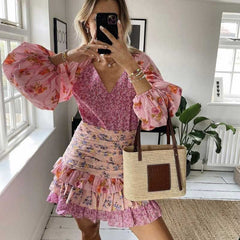 Women's spring summer dress long sleeve V-neck tiered ruffled dress women floral print elegant party dress voguable