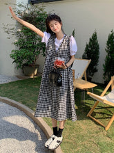 Korean Style Sweet Dress Suits for Women Summer 2 Two Piece Set Short Sleeve T-shirt + Loose Ruffle Plaid Vest Dress Vintage voguable