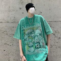 Summer High Street  American Short Sleeve T-shirt Graffiti Loose Washed Trend Y2k Casual Top Tshirt Streetwear Cotton Tees voguable