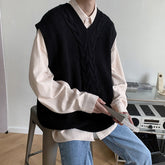 Korean Sweater Vest Men's Fashion Solid Color V-neck Knitted Pullover Men Streetwear Loose Autumn Vest Knitting Sweaters Mens voguable