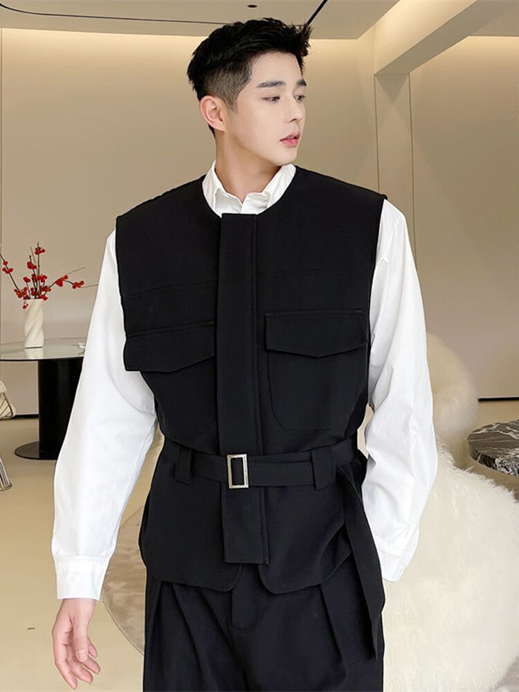 Men's Wear Korean Trendy Girdle Vest Male New Autumn Round Collar Sinel Breasted Sleeveless Clothing With Belt voguable