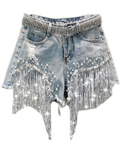 S-5XL Waist Beads Tassel Women'S Denim Shorts Summer Beading Wide Leg Thin Oversized Jeans Korean Streetwear Women Clothes voguable