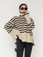 Fashion Tops 2022 Women Striped High Collar Sweater New Autumn Winter Loose Design Knitted Pullover Oversized Sweater Jumper voguable