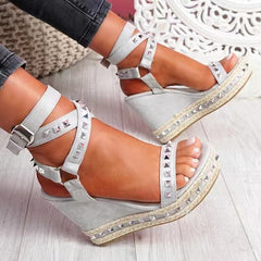 Beige Heeled Sandals Clogs Wedge Comfort Shoes for Women Large Size Cross 2022 Summer Buckle Black Platform Girls Studded Low Bi voguable