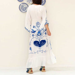 Floral bireds embroidered maxi dress V-neck batwing sleeve tunic summer beach dress for women tassle tied buttos voguable
