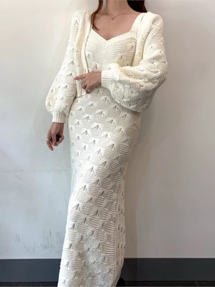 Chic Knitted Lantern Sleeve Cardigan Sweater Coat V-Neck Sleeveless Spaghetti Strap Sweater Dress 2 Piece Women Clothes Winter voguable