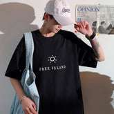 Free Island Pure Cotton Men Tshirt Short Sleeve Sun Graphic Oversize T-shirt Summer Man T shirt Men's Clothing voguable