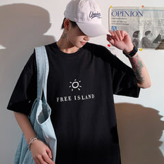 Free Island Pure Cotton Men Tshirt Short Sleeve Sun Graphic Oversize T-shirt Summer Man T shirt Men's Clothing voguable