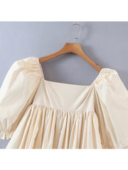 2022 Fashion Women Retro Beige Cotton Ball Gown Dress Elegant Ladies Puff Sleeve Party Mini Dresses Fairy Short Robe voguable