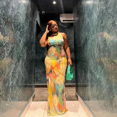 Women Halter Aesthetic Colorful Tie Dry Maxi Dress Hipster Striped Patchwork sleeveless Straight Robe Female Streetwear voguable