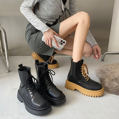 Boots Women New Flat Heel Shoes Round Toe Lace Up Lolita Ankle Med Ladies Autumn Rock Basic PVC Solid Short Plush Fabric La voguable