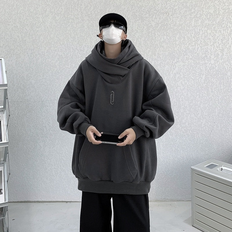 New Men Gothic Hoodies Fleece Cowl Design Streetwear Fashion Hip Hop Hooded Pullovers Harajuku Male Sweatshirts voguable