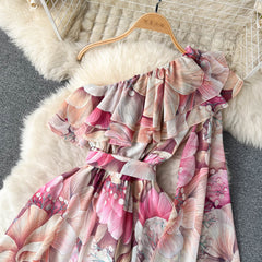 Spring Printed Casual Long Dress for Women One Shoulder Draped Boho Female Vestidos Chic Luxury Beach Vacation Sexy Tierred New voguable