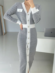 Women Autumn Casual Bodycon Slim Midi Party Dress Office Ladies Elegant Vintage Warm Houndstooth Vestidos Femme Fashion Robe voguable
