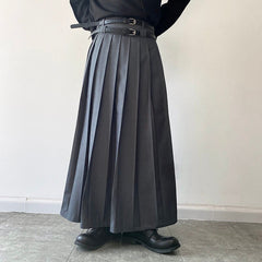 Fashion Personality Pleated Skirt Solid Color Men's Loose Dark Style Double Belt Niche Design Autumn New Trendy voguable