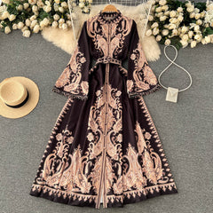 Spring Autumn Elegant Maxi Dresses for Women Boho Printed Flare Sleeve Button Female Party Evening Big Swing High Waist Luxury voguable