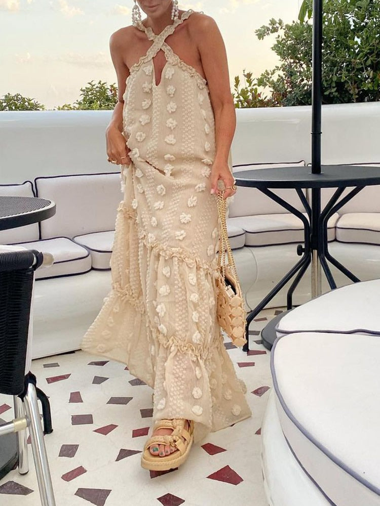 voguable 2022 Elegant Slip Holiday Hollow Out Sundress Sleeveless Halter Maxi Summer Dress For Women Fashion Ruffle Beach Long Robe voguable