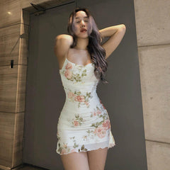 Voguable Floral Print Women Mesh Strap Mini Dress Ruched Bodycon Sexy Streetwear Party Club Elegant Vintage 2022 Summer Clothes voguable