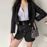 Matching Set Blazer and Skirts Women Long Sleeve Notched Cropped Blazer High Waist Mini Skirt Office Lady Striped Two Piece Set voguable