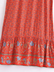 Vintage Chic Women Red Floral Print Sleeveless Spaghetti Strap Beach Bohemian Dresses Ladies Summer Boho Midi Dress Robe voguable