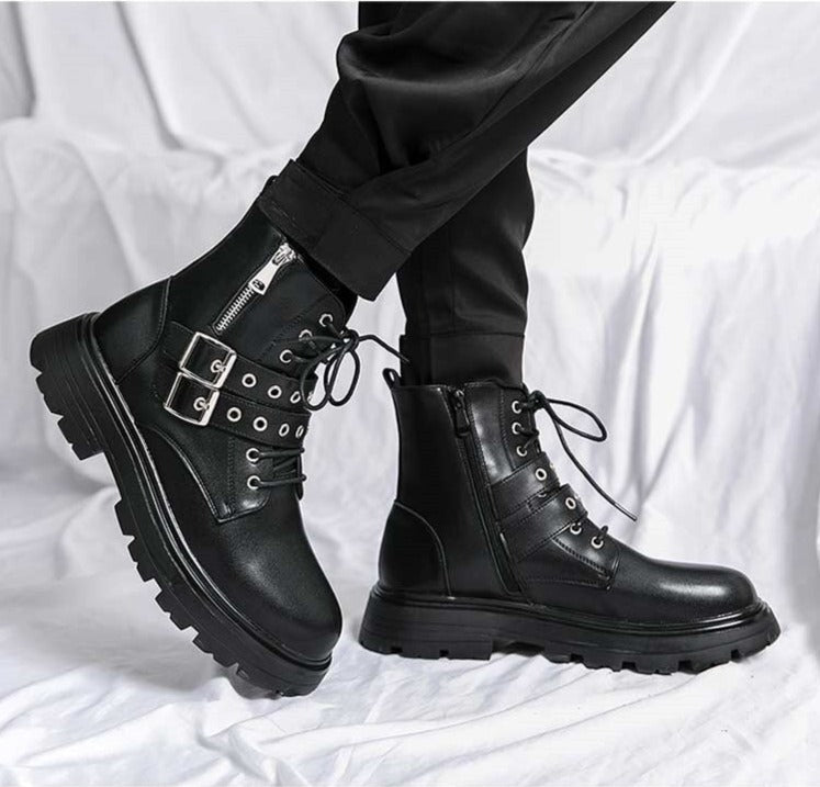 British Ankle Boots Men Shoes Fashion Black PU Personality Double Buckle Zipper Lace Thick Bottom Classic Casual Street CP361 voguable
