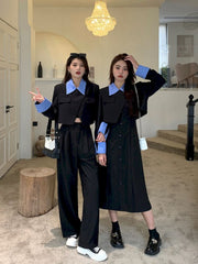 Women Splice Lapel Fashion Solid Short Blazer Coat Crop Top+Straight Pants Two Piece Sets Female Elegant Streetwear Outfits voguable