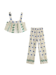 Voguable Cotton Linen Beige Folk Vintage Sleeveeless Women Sets Casual Crop Top Wide Leg Slip Pants Suits Summer Floral Sets voguable