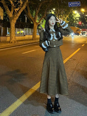 Spring Autumn Lace Plaid Suit New Elegant Short Plaid Coat Top + High Waist Skirt Long Skirt 2 Pcs voguable