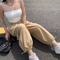 Voguable Khaki Oversized Cargo Baggy Pants Y2K Hip Hop Style Loosed Adjustable Waist Drawstring Long Pant Streetwear 90s Style Clothes voguable