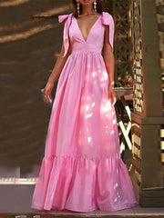 Sexy Summer Women V-Neck Sling Backless Dress Elegant Hollow Out BowKnot Long Party Dress Fashion Femme Dot Maxi Dress Vestido voguable