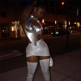 Cut Out Crop Top Asymmetrical Silver PU Leather Clubbing Strappy Open Back Halter Tight Tank Tops Summer voguable