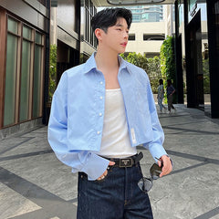 Male Stylish Burrs Shirt Niche Design Casual Long Sleeve Short Top Men's Solid Color Turn-down Collar Clothing voguable